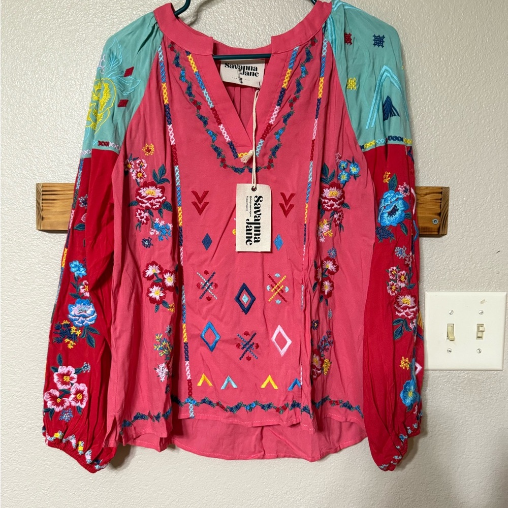 Savanna Jane Coral, Aqua, and Red Embroidered Blouse